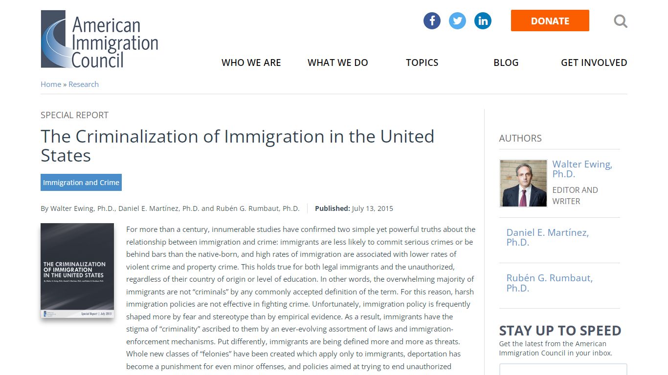 The Criminalization of Immigration in the United States